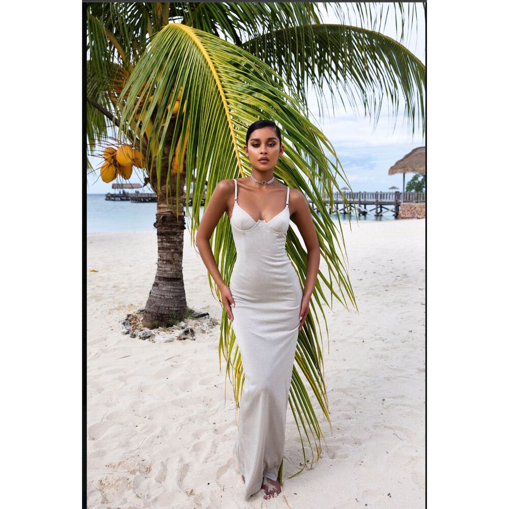 NWT House of CB Caramina Silver Glittery Maxi Gown L Sexy